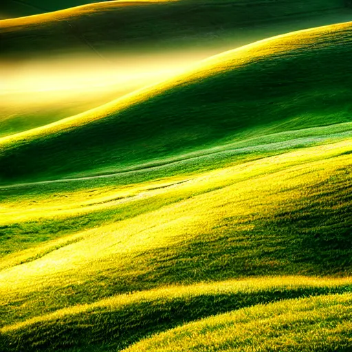 Image similar to https : / / s. mj. run / ixdectgsxzc rolling green hills at dawn. light and shadow. volumetric lighting. award winning photograph