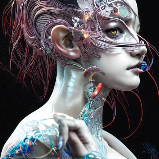 Image similar to the portrait of an absurdly beautiful, graceful, elegant, sophisticated, fashionable cyberpunk gravure idol, an ultrafine hyperdetailed illustration by kim jung gi, irakli nadar, vania zouravliov, intricate linework, bright colors, porcelain skin, unreal engine 5 highly rendered, global illumination, radiant light, detailed and intricate environment