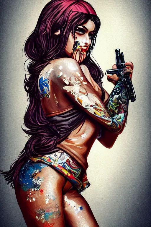 Prompt: painting of a gangster girl holding a gun and smoking, cute face, intricate, highly detailed, digital painting, official media, concept art, rich vivid colors, ambient lighting, sharp focus, illustration