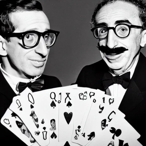 Image similar to black and white photo of Woody Allen and Groucho Marx playing cards, photorealistic