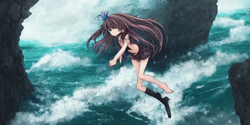 Image similar to anime catgirl jumping through a precipice on the coast up high, waves shattering on the rock, dramatic atmosphere, gloomy rainy weather, cinematic