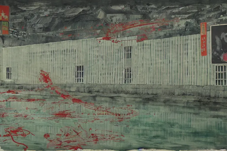 Image similar to a chinese prison near a river by peter doig, overlaid with chinese adverts