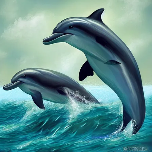 Prompt: dolphins playing together, fantasy art