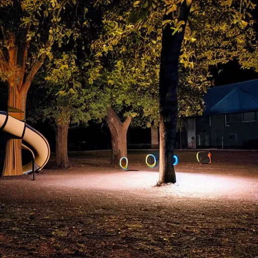 Prompt: a park, with a playground at night with a ghost boy