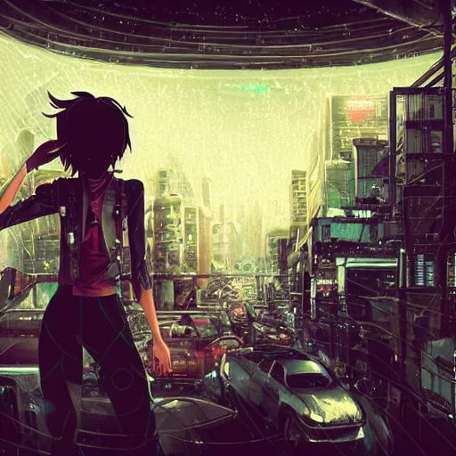 Prompt: night android mechanical cyborg girl in overcrowded urban dystopia gigantic future city raining makoto shinkai wide angle distant shot dark and dreary