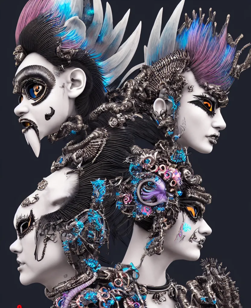 Image similar to 3 d goddess close - up profile portrait punk with mohawk with ram skull. beautiful intricately detailed japanese crow kitsune mask and clasical japanese kimono. betta fish, jellyfish phoenix, bio luminescent, plasma, ice, water, wind, creature, artwork by tooth wu and wlop and beeple and greg rutkowski