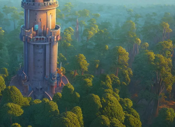 Image similar to overhead view of the great tower of the south in the magical forest of saporra, medium shot, studio ghibli, pixar and disney animation, sharp, rendered in unreal engine 5, anime key art by greg rutkowski, bloom, dramatic lighting