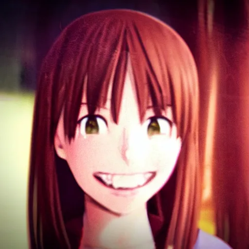 Image similar to grainy cheap nokia mobile phone footage of an anime girl spotted in real life, off center, at an angle, found footage, small filesize, jpeg artifacting and ringing, noisy and blurry, creepy uncanny valley, smiling