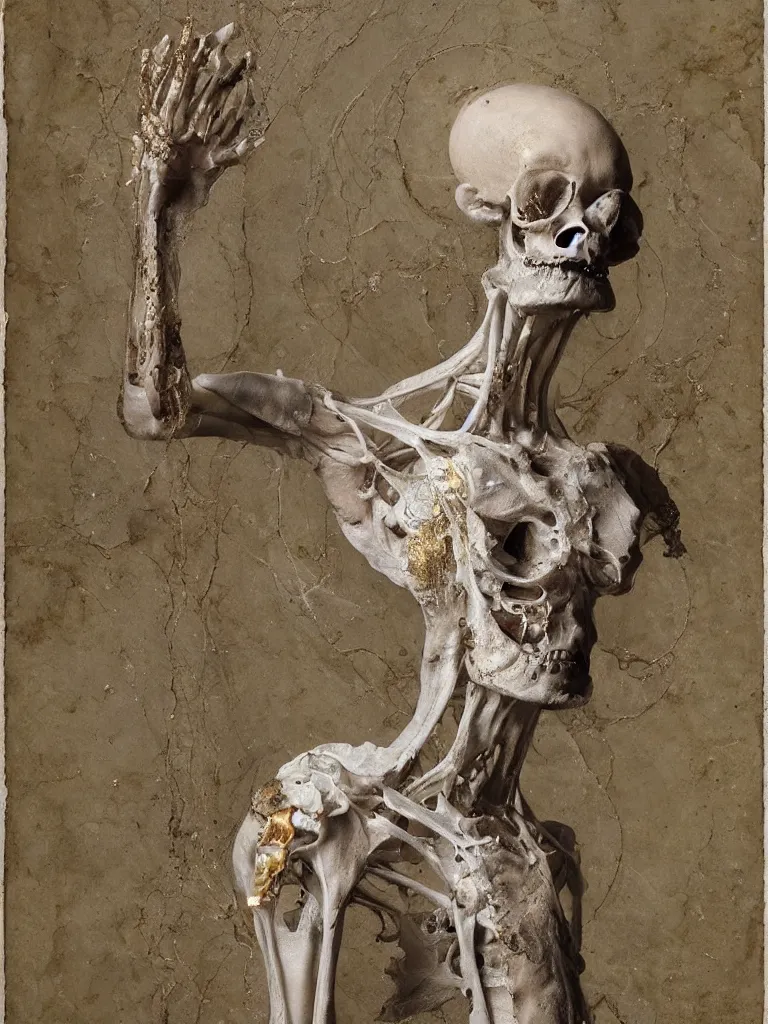 Prompt: A boney thin elegant humanoid wearing flowing robes with tiny mineral and gold incrustations, intricate, by emil melmoth, pastel, 4k HD, beautifully lit