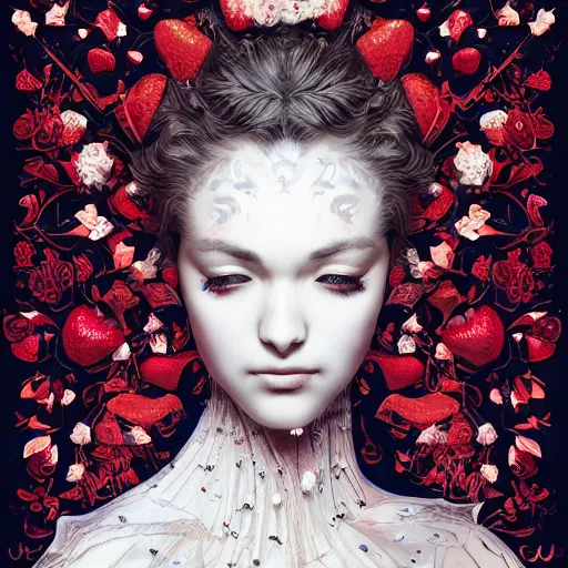 Image similar to the portrait of an absurdly beautiful, graceful, elegant, sophisticated, fashionable woman made of strawberries and white petals looking down, an ultrafine hyperdetailed illustration by kim jung gi, irakli nadar, intricate linework, bright colors, octopath traveler, final fantasy, unreal engine 5 highly rendered, global illumination, radiant light, detailed and intricate environment