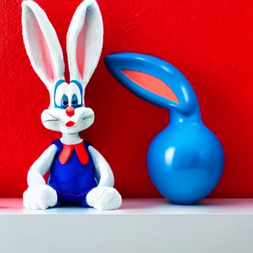 Image similar to photo of a bugs bunny toy sitting infront of a red wall with blue stripes