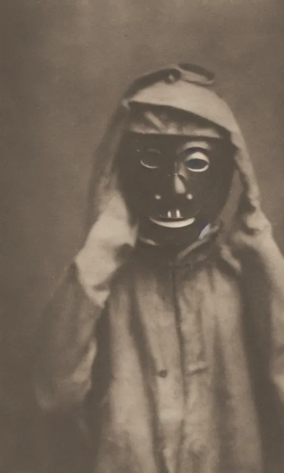 Image similar to person wearing japanese mask mask, ww1 photo, grainy, high detail, high resolution,