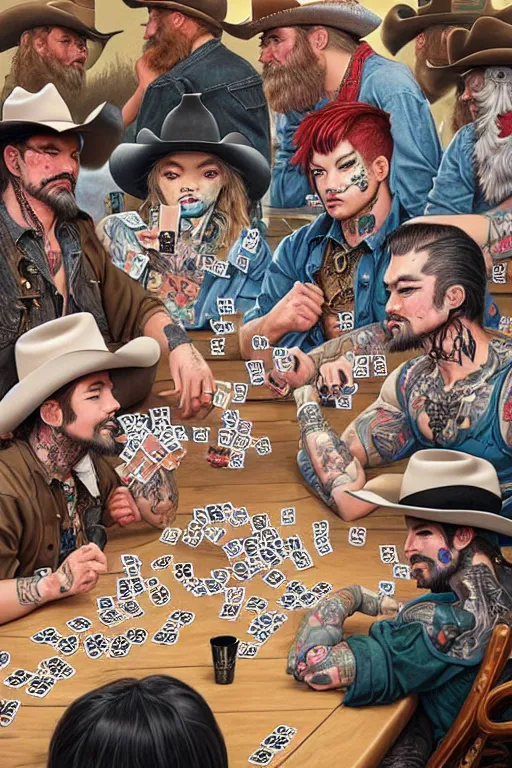 Image similar to full view, from a distance, of cowboys with tattoos, in the saloon playing card games, style of yoshii chie and hikari shimoda and martine johanna, highly detailed