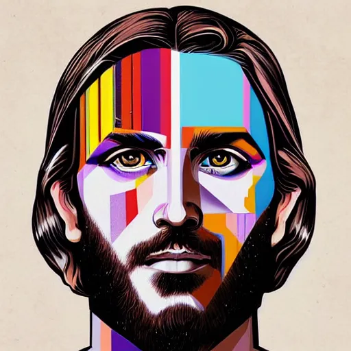 Prompt: Mormon jesus portrait by Tristan Eaton, geometric, trending dribble, behance