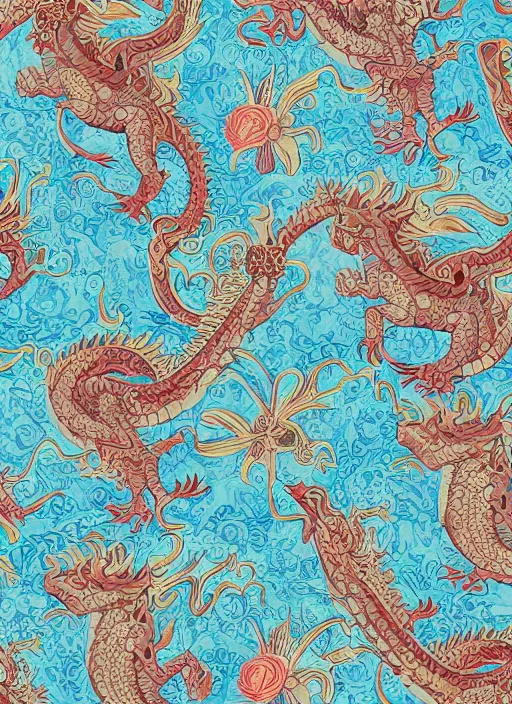 Image similar to ancient dragon and flowers fabric design pattern, 4 k