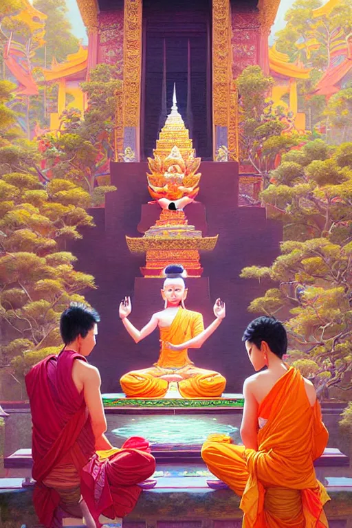 Prompt: buddhism, temple, colorful clothes, lotus, painting by greg rutkowski, j. c. leyendecker, artgerm