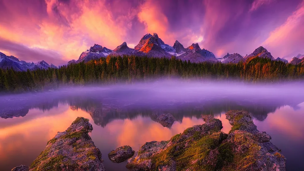 Image similar to amazing landscape photo of mountains with lake in sunset and purple sky by marc adamus, beautiful dramatic lighting