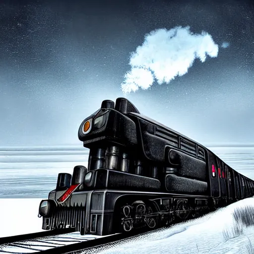 Prompt: a futuristic black steam train and a giant mammoth, post - apocalyptic ice landscape with heavy snow, digital art