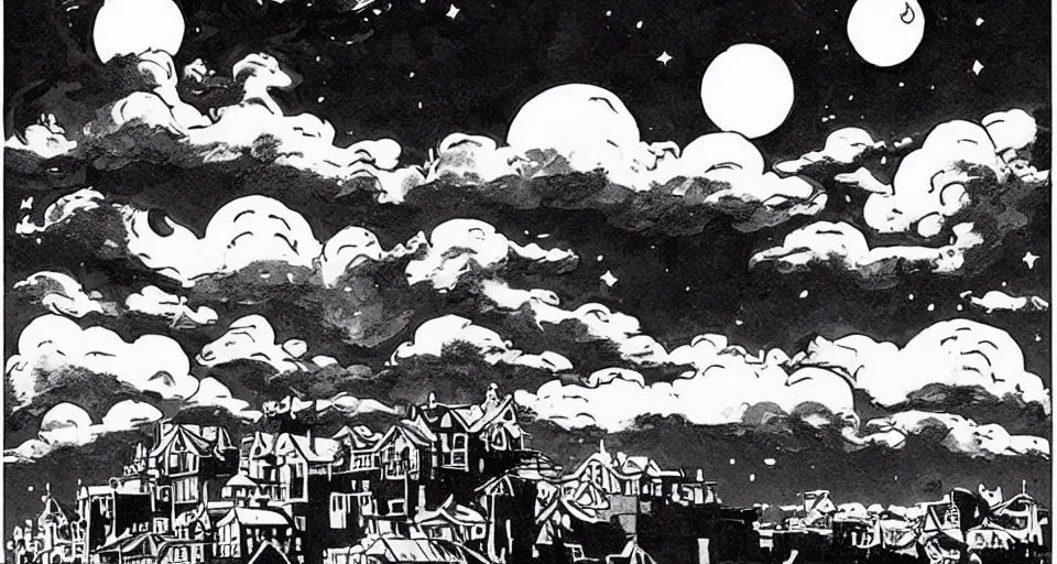 Image similar to seaside village, night, moon in sky encircled by clouds, heavy ink!!!!!!! mike mignola