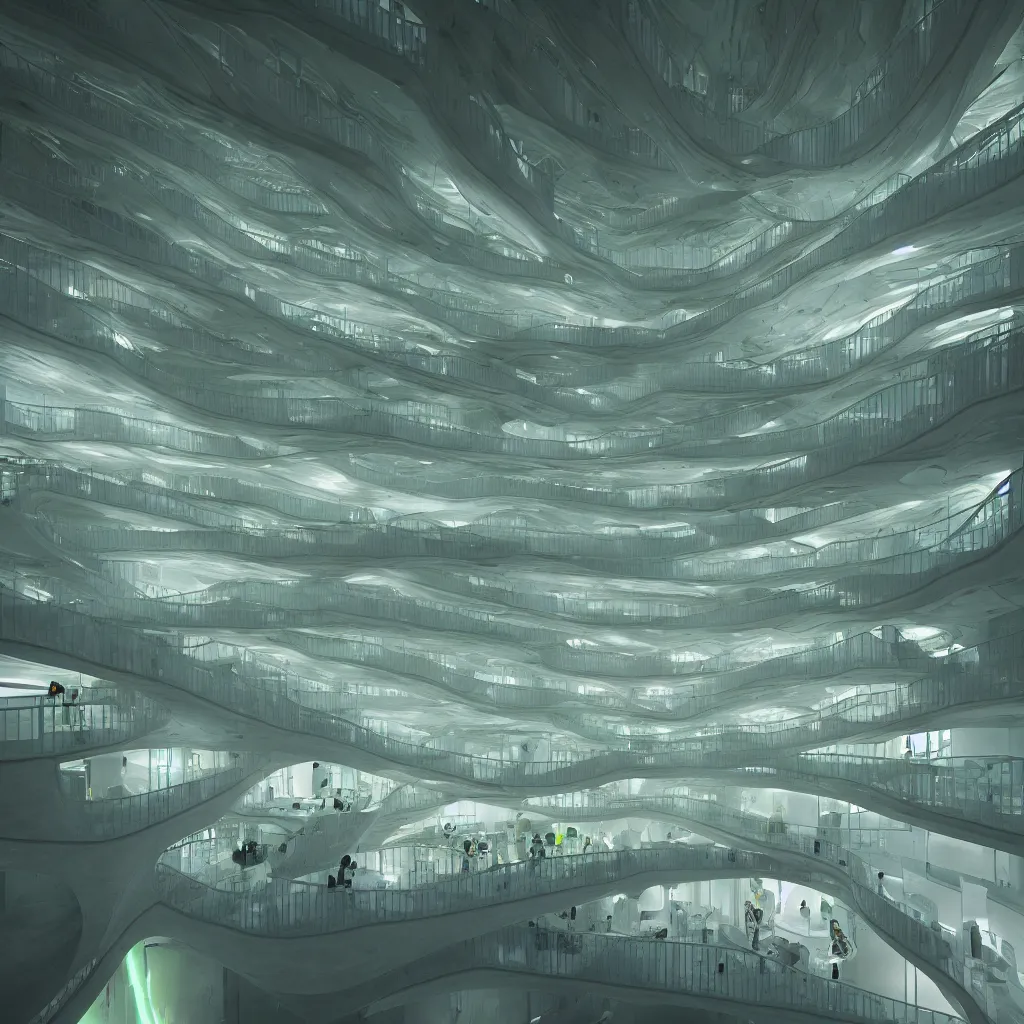 Image similar to “ a visually impressive interior of research laboratory of bioluminescent algae designed by mad architects, rendered in vray, clean curve shapes, instagram ”