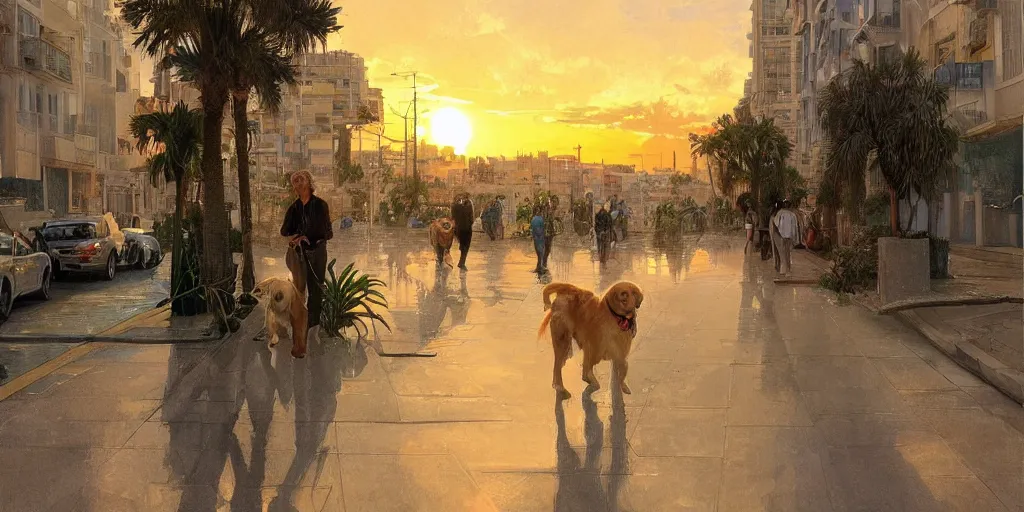 Prompt: golden retriever dog walking in tel aviv street looking at the camera. palm trees. realistic. sunset. high quality. digital art. watercolor. highly detailed. drawing. art. colorful. fluffy art by greg rutkowski and alphonse mucha