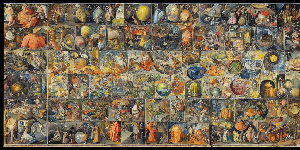 Image similar to periodic table of consciousness in the style of heironymus bosch, intricate colorful masterpiece, hyper detailed, hd