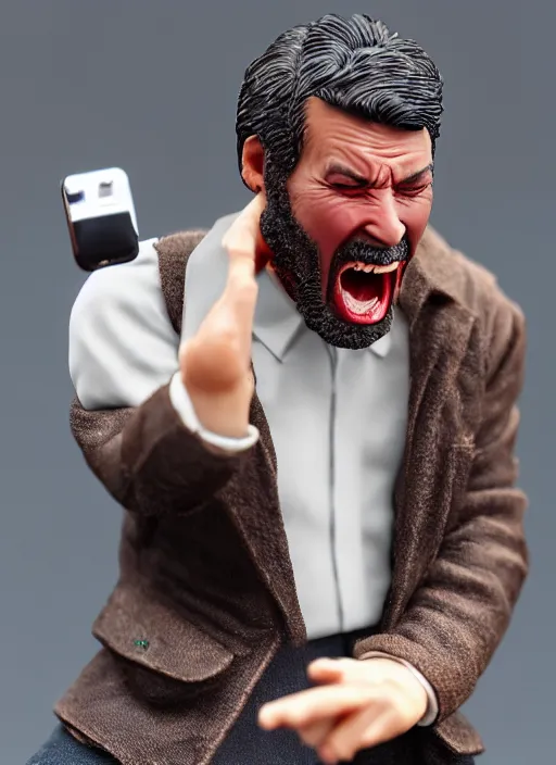 Prompt: 80mm resin detailed miniature of man screaming at his phone, Product Introduction Photos, 4K, Full body,