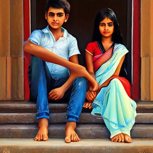 Image similar to beautiful young indian sister and brother, both sitting together holding hands on the steps of their house front entrance. happy raksha bandhan theme. high detailed oil painting by charlie bowater