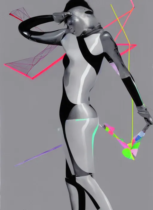 Image similar to futuristic lasers tracing, data visualization, laserpunk fullbodysuit,, pyramid visor, raindrops, wet, oiled, beautiful cyborg girl pinup, by steven meisel, kaws, rolf armstrong, cubist perfect geometry abstract acrylic, hyperrealism photorealistic airbrush collage painting, monochrome, neon fluorescent colors, minimalist rule of thirds, eighties eros