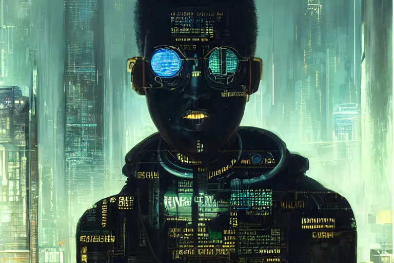 Image similar to A cyberpunk very highly detailed camera man with black skin, short hair cut, tiny thin mustache, thin face, with very highly detailed face on the street of a very highly detailed smooth cyberpunk city digital concept art by Greg Rutkowski, neofuturistic highly detailed, digital concept art, Dimensional cyan gold natural light, sharp focus, Golden Ratio illustration, realistic concept art by Stephen Hickman and James Gurney and Hiromasa Ogura Ghost in the Shell rendered in Octane Render, From the distance