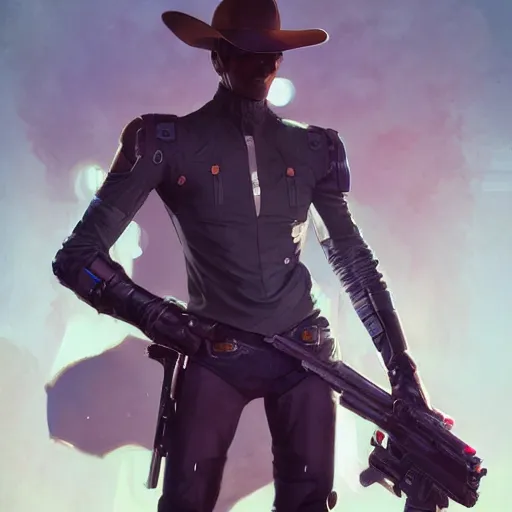 Prompt: a cyber cowboy holding a blaster, full-body shot, digital painting, smooth, elegant, hd, art by WLOP and Artgerm and Greg Rutkowski and Alphonse Mucha