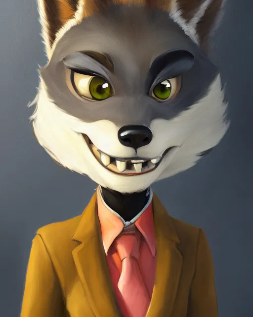 Prompt: oil painting of anthromorphic female wolf, in style of cory loftis, female fursona, furry, furaffinity, 4 k, deviantart, furry art, fursona art, wearing black business suit, business suit, in style of zootopia, wolf fursona, cyberpunk, female, very expressive detailed feminine face,