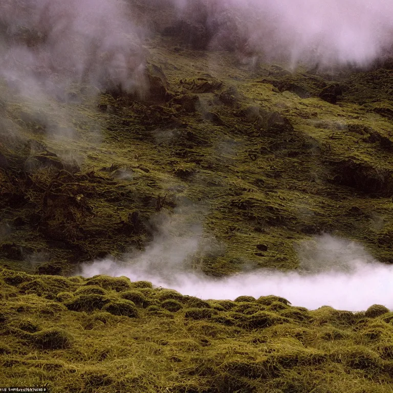 Image similar to bright and moody 1 9 7 0's artistic technicolor spaghetti western film, a large huge group of women in a giant billowing wide long flowing waving shining bright white dresses made of white smoke, standing inside a green mossy irish rocky scenic landscape, volumetric lighting, backlit, moody, atmospheric, fog, extremely windy, soft focus