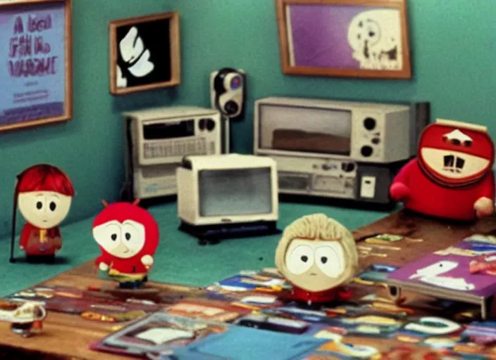 Prompt: a scene from a 1 9 7 0 s british kids tv programme by the bbc and oliver postgate with south park characters, stop motion animation, peter dinklage, vhs distortion, cathode ray tube distortion, folk horror, hauntology