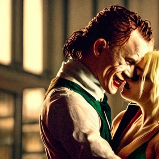 Prompt: heath ledger as the joker and margot robbie as harley quinn, dancing, cinematic, ultra realistic, low lighting