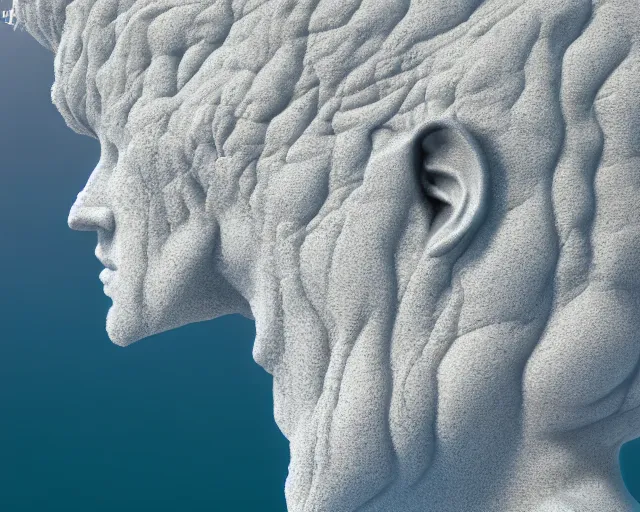 Image similar to a long shot of a giant human head award winning sculpture on the surface of the ocean, in the style of chad knight, hyper detailed, hyper realistic, ray tracing, 8 k resolution, sharp focus