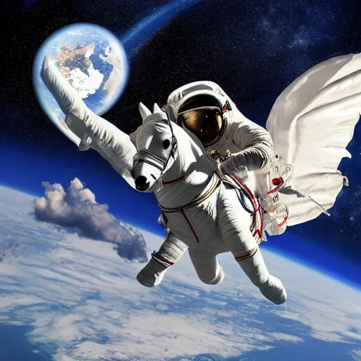 Image similar to photograph of an astronaut riding a Pegasus flying above the sky