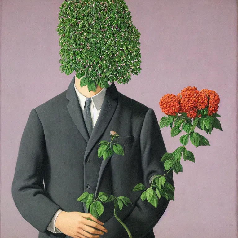 Image similar to portrait of a man, face hidden by beautiful flowers, by rene magritte, detailed painting, hd, hq, high resolution, high detail, 4 k, 8 k