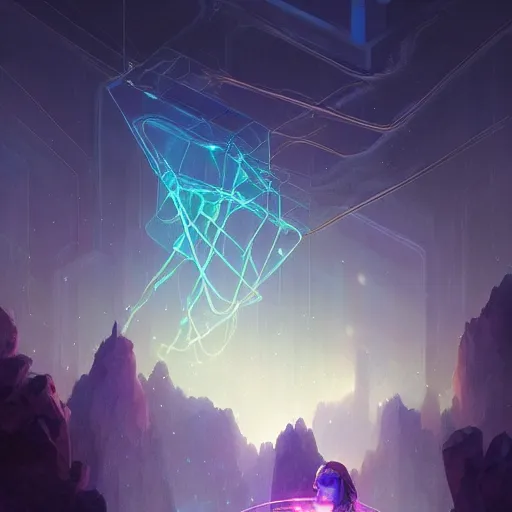 Image similar to beautiful glowing cubes all interconnected to each other with tubes, atmospheric lighting, intricate, volumetric lighting, beautiful, sharp focus, ultra detailed, in the art style of bowater, charlie, brom, gerald, lake baikal in the background, astrophotography