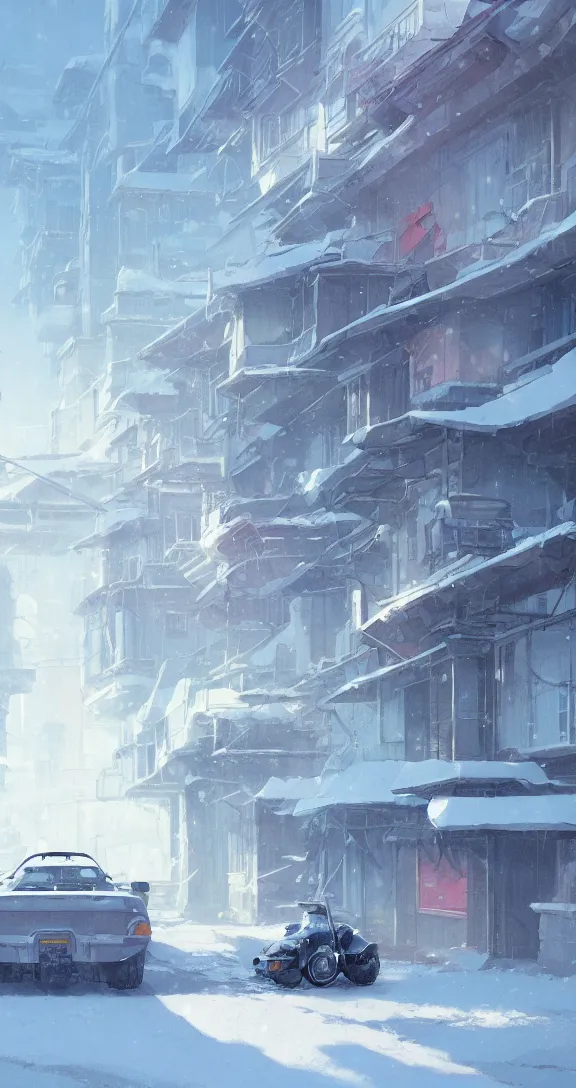 Prompt: Parked in a snowy city uncluttered, tropical, bright, simple aesthetic, by Studio Ghibli and Greg Rutkowski, artstation