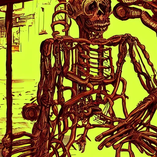 Prompt: complex machine emerging from the withered body of a dying old man, realistic body horror, dark alleyway hidden from a bright, neon street