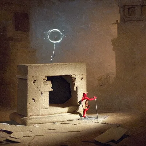 Image similar to A sculpture. A rip in spacetime. Did this device in his hand open a portal to another dimension or reality?! Play Doh by Hubert Robert angular, mournful