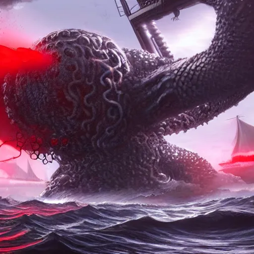 Prompt: a giant kraken with glowing red eyes attacking a battleship, digital art, artstation, sci - fi