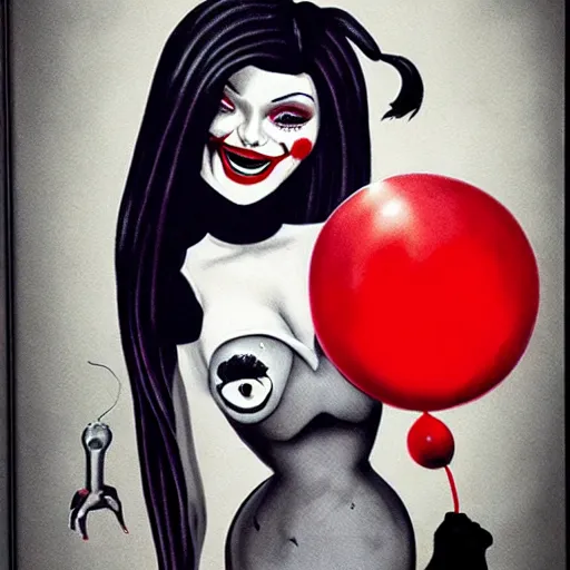 Image similar to grunge cartoon painting of kylie jenner with a wide smile and a red balloon by chris leib, loony toons style, pennywise style, corpse bride style, horror theme, detailed, elegant, intricate