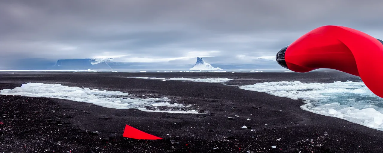 Prompt: cinematic shot of giant symmetrical red military spacecraft landing on an endless black sand beach in iceland with icebergs in the distance, 2 8 mm, shockwave