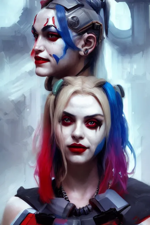 Image similar to portrait of Harley Quinn, dc comics, cyberpunk, Warhammer 40000, digital art from artstation by Ruan Jia and Mandy Jurgens and Artgerm and william-adolphe bouguereau