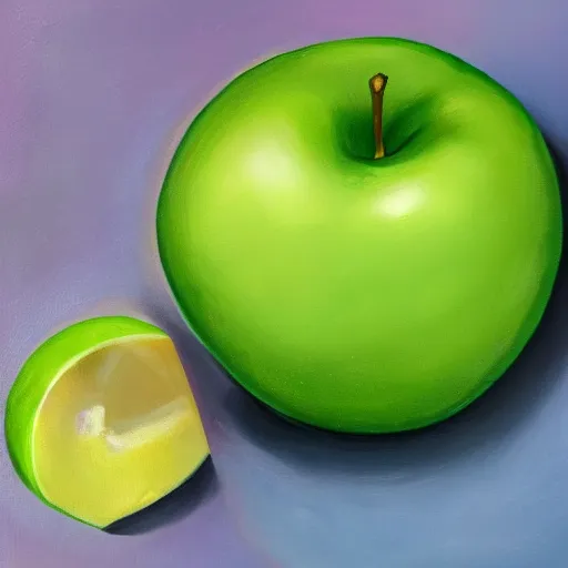 Prompt: one green apple in the middle of a bunch of pink lemons