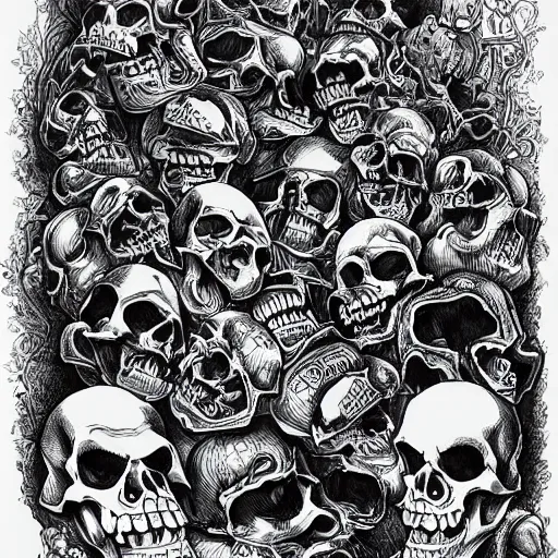 Prompt: Joe Fenton drawing of Psychedelic Skulls, medieval town, skulls, drawn by Joe Fenton, trending on artstation