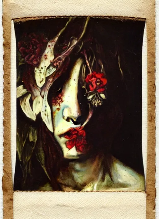 Image similar to beautiful and detailed rotten woman made of plants and many different types of flowers, muscles, intricate, organs, ornate, surreal, john constable, guy denning, gustave courbet, caravaggio, 1 9 1 0 polaroid photo