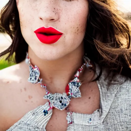 Image similar to close up portrait photo of the left side of the face of a brunette woman with stars inside her eyes, red lipstick and freckles. she looks directly at the camera. Slightly open mouth, face covers half of the frame, with a park visible in the background. 135mm nikon. Intricate. Very detailed 8k. Sharp. Cinematic post-processing. Award winning photography